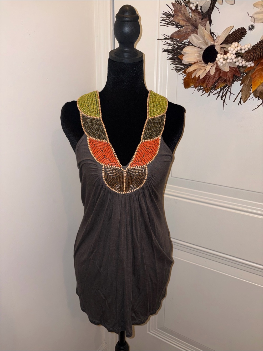 Forever 21 Dark Olive Halter Beaded Tank with Orange, Brown & Green Accents